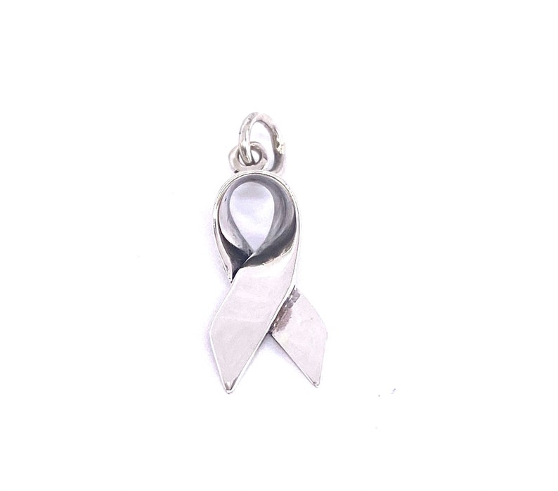 925 Sterling Silver Ribbon Bow Cancer Awareness Pendant Charm on Silver Curb Chain imagem 2