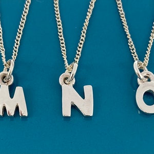 K&ouml;nnte beinhalten: F&uuml;nf silberne Halsketten mit Initialen, jeweils mit einem anderen Buchstaben: L, M, N, O und P. Die Buchstaben sind in einer einfachen Schriftart gehalten und h&auml;ngen an feinen Silberketten. Der Hintergrund ist in einem T&uuml;rkisblau gehalten.