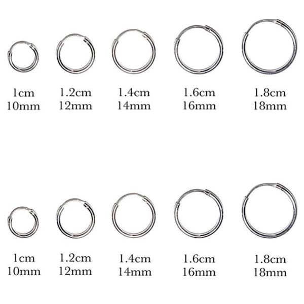 925 Sterling Silver Small Sleeper Hinged HOOP Earrings 10, 12, 14, 16, 18 or 20 mm Diameter and 2 mm Thick