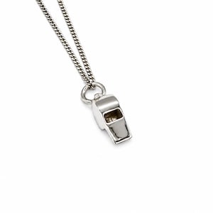 May include: A polished silver-toned whistle pendant suspended from a matching silver-toned metal chain. The whistle features a classic rectangular shape with a prominent mouthpiece and a side sound opening, attached to the chain by a circular jump ring.