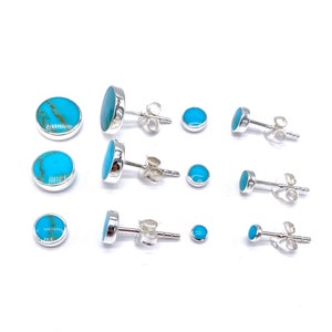 Round Green Blue Turquoise Button Ball Stud Earrings 925 Sterling Silver in Size 3, 4, 5, 6, 8 and 10 mm Diameter