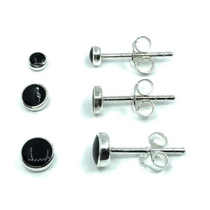 925 Sterling Silver 3 Pairs Round Black ONYX Ball Button Stud Earrings, in Size 3, 4 and 5 mm Diameter