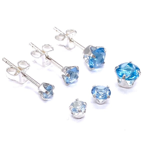 Petites boucles d'oreilles rondes en forme de boule de cristal bleu en argent sterling 925 de 3 mm, 4 mm et 5 mm de diamètre