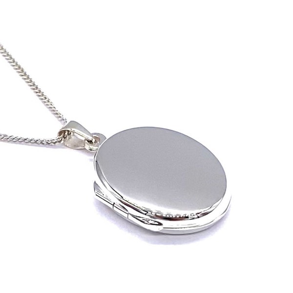 Médaillon photo pendentif en argent sterling 925 de forme ovale uni, poli sur une chaîne gourmette en argent de 16", 18" ou 20"