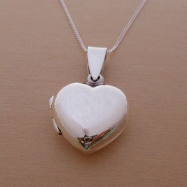 925 Sterling Silver Polished Puffed Small LOVE HEART Photo Locket, Pendant 16 mm by 16 mm on 16" 18"or 20" Curb Chain or Without Chain