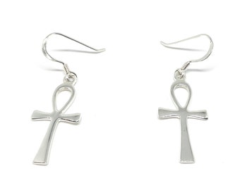 925 Sterling Silver Egyptian Ankh Cross Drop Earrings, Represent Key of Life