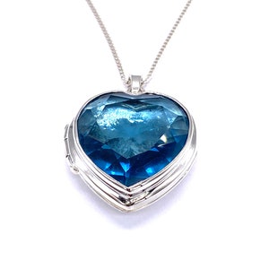 925 Sterling Silver HEART Photo Locket with Blue Crystal Stone on 16&quot;, 18&quot; or 20&quot; Silver Curb Chain