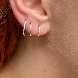 925 Sterling Silver, Small and Thin 3 Pairs of Sleeper HOOP Earrings 14 mm, 12 mm & 10 mm Diameter image 4