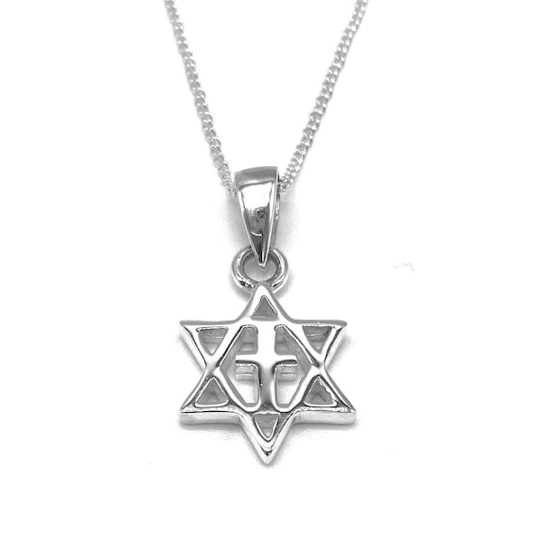 925 Sterling Silver Star of David Cross Pendentif Charme Solide sur Silver Curb Chain