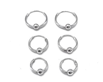 Sleeper Hinged HOOP Earrings 925 Sterling Silver with Moving Balls 14 mm, 12 mm or 10 mm Diameter