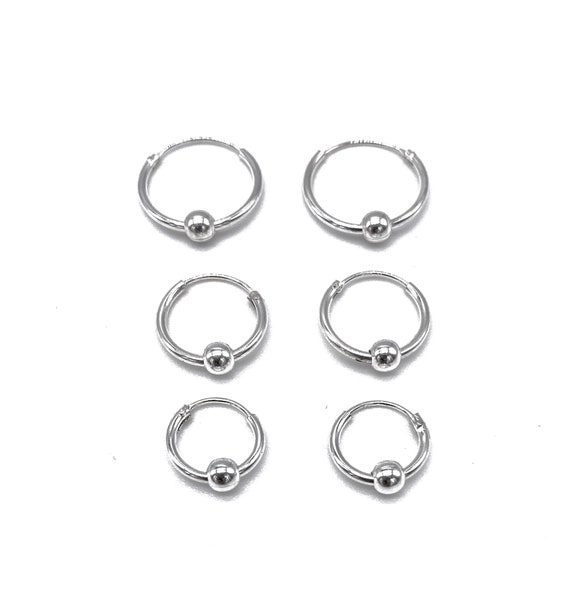 925 Sterling Silver Small Hinged Hoop Sleeper Earrings With Ball Bead 925 Sterling Silver Small Hinged Hoop Sleeper Earrings With Ball Bead