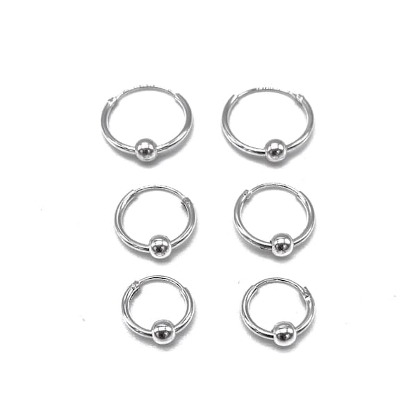 Sleeper Hinged HOOP Earrings 925 Sterling Silver with Moving Balls 14 mm, 12 mm or 10 mm Diameter