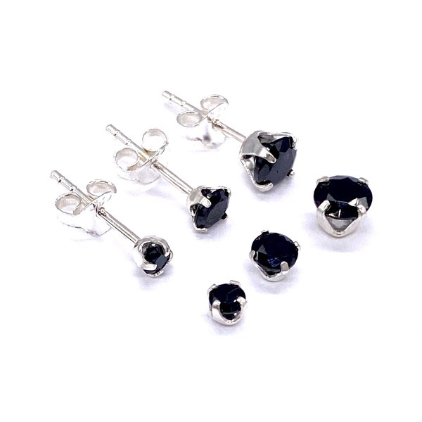 Small to Big Black Crystal Stone Ball Round Stud Earrings 925 Sterling Silver 3 mm,  4 mm & 5 mm Diameter