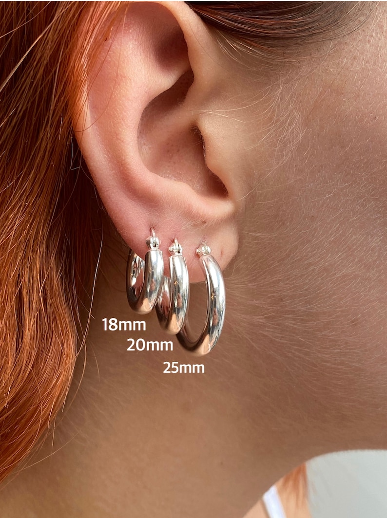 925 Sterling Silver Chunky Hoop Earrings 4 mm Thick, 18, 20, 25, 30 and 35 mm Diameter image 3