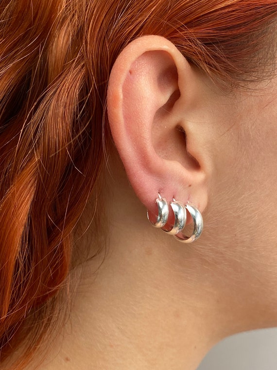 925 Sterling Silver Set of 3 Pairs Huggie Chunky HOOP Earrings - Etsy