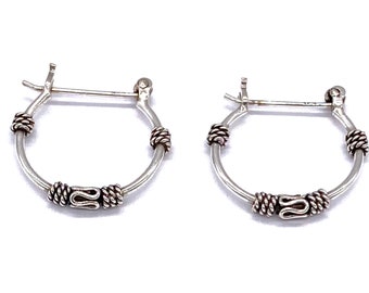 925 Sterling Silver Bali Balinese Hoop Earrings Snap Closure 13, 16 or 20 Diameter