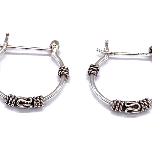 925 Sterling Silver Bali Balinese Hoop Earrings Snap Closure 13, 16 or 20 Diameter