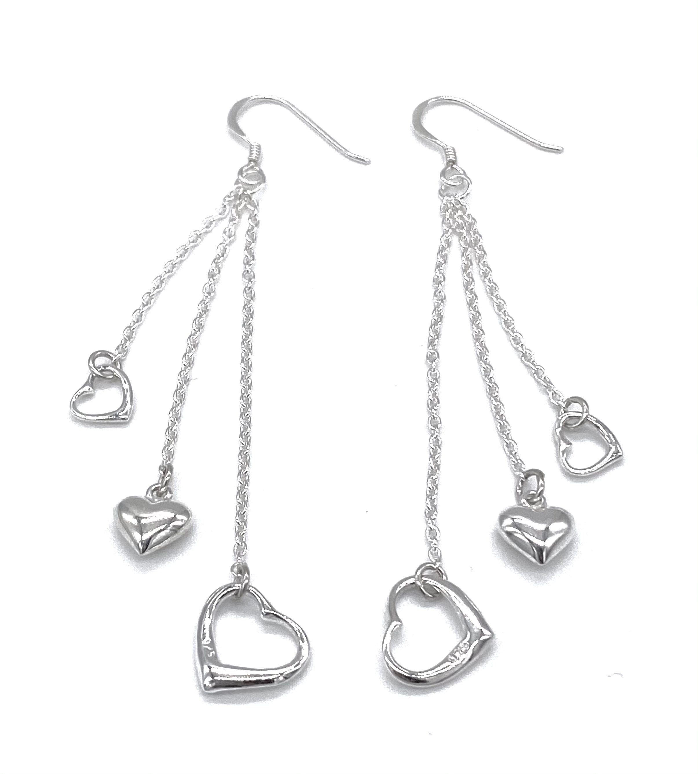 Heart Long Chain Drop Dangle Earrings 925 Sterling Silver