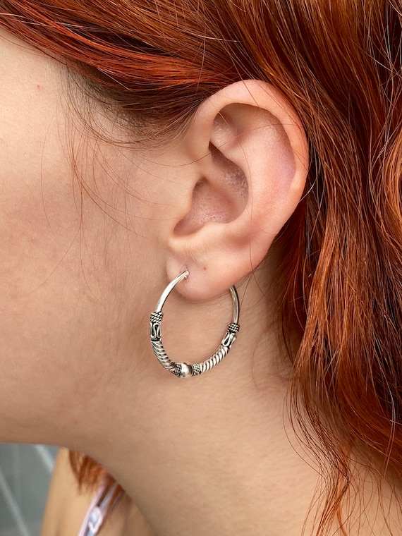 925 Sterling Silver Big Chunky Bali Balinese Hoop Earrings