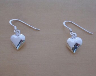 925 Sterling Silver, 10 mm Drop, Dangling Puffed, Polished LOVE Heart Earrings