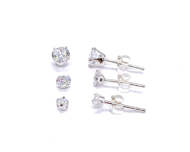 925 Sterling Silver 3 mm, 4 mm & 5 mm Small Crystal Stone Ball Round Stud Earrings image 1