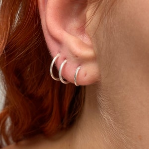 925 Sterling Silver, Small and Thin 3 Pairs of Sleeper HOOP Earrings 14 mm, 12 mm & 10 mm Diameter image 3