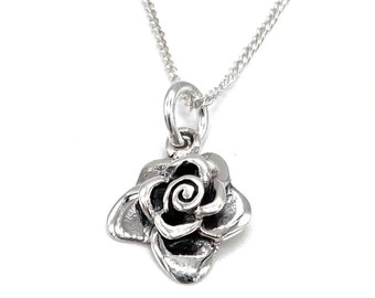 925 Sterling Silver ROSE Flower Pendentif Charme sur Silver Curb Chain