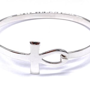925 Sterling Silver Ankh Cross Bangle Bracelet 19 cm / 7.5&quot; Circumference