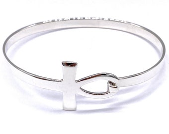 925 Sterling Silver Ankh Cross Bangle Bracelet 19 cm / 7.5" Circumference
