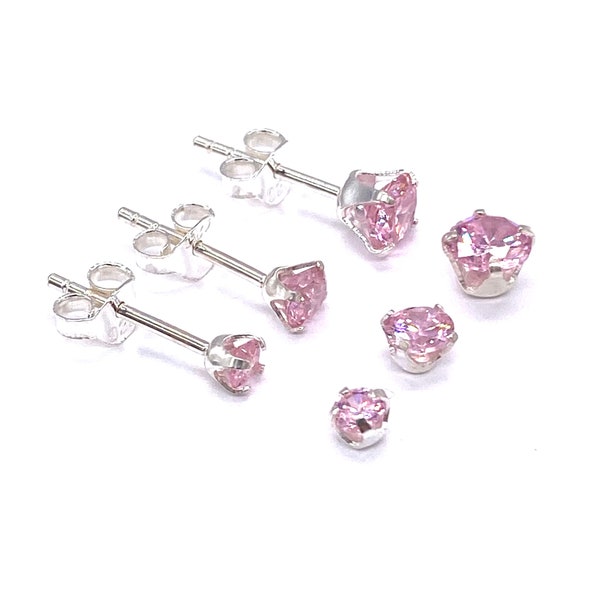 Small Pink Crystal Cubic Zirconia Ball Round Stud Earrings 925 Sterling Silver 3 mm, 4 mm & 5 mm Diameter