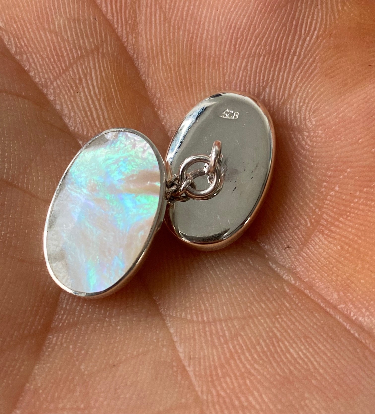 Boutons De Manchette Ovales En Argent 925 Et Nacre - Avec Chaînette, Neufs Avec étiquettes
