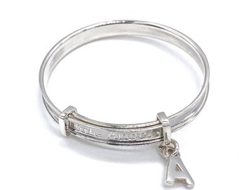 Bracelet jonc pour enfant et baptême en argent sterling 925 avec breloque initiale