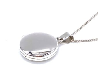 925 Sterling Silver Round Circular Plain Photo Pendant Locket on 16", 18" or 20" Silver Curb Chain