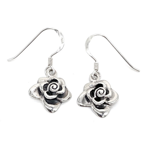 Rose Flower Drop Dangle Earrings 925 Sterling Silver