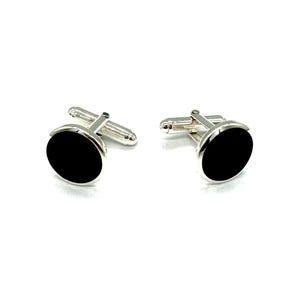 Boutons de manchette ronds en argent sterling 925 avec pierre d&#39;onyx noir