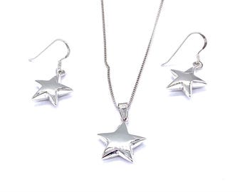 Sterling Silver STAR Drop Dangle Earrings and Pendant Necklace Set on Silver Curb Chain