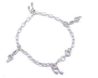 925 STERLING SILVER Music Note Clef Charm Bracelet 7.5 » / 19 cm Long