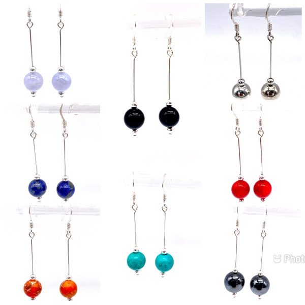 925 Sterling Silver and Genuine Natural Ball Bead Stones Long Drop Dangle Earrings