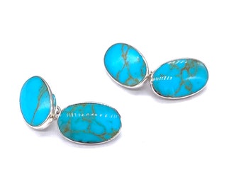 925 Sterling Silver Oval Shaped Blue Turquoise Gemstone Classic Chain Link Cufflinks