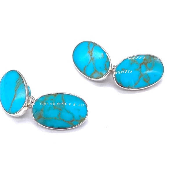 925 Sterling Silver Oval Shaped Blue Turquoise Gemstone Classic Chain Link Cufflinks