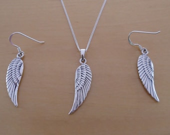 ANGEL WING Drop Dangle Earrings and Pendant Set 925 Sterling Silver on 16, 18 or 20" Sterling Silver Curb Chain