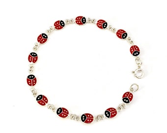 Ladybird rojo ladybug buena suerte encanta pulsera sólida 925 plata de ley