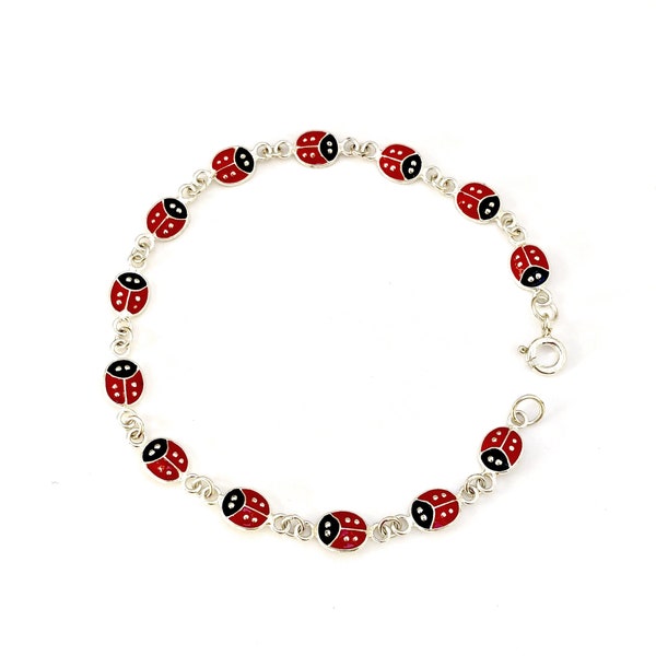 Red Ladybird Ladybug Good Luck Charm Bracelet Solid 925 Sterling Silver