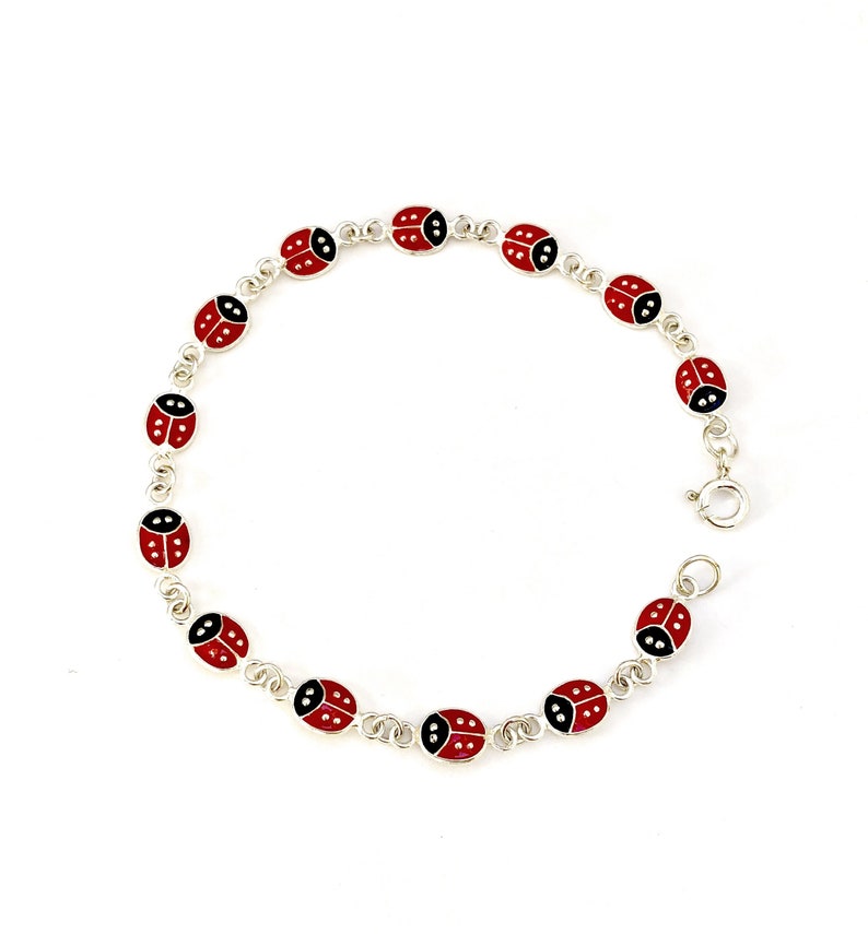 Red Ladybird Ladybug Good Luck Charm Bracelet Solid 925 Sterling Silver image 1