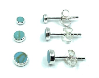 925 Sterling Silver 3 Pairs Round Green Turquoise Button Ball Stud Earrings, in Size 3, 4 and 5 mm Diameter