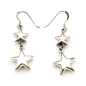 925 Sterling Silver Puffy Small & Big Star Drop Dangle Earrings