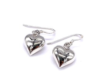 Boucles d'oreilles pendantes en argent sterling 925 avec coeur gonflé, de petite à grande taille
