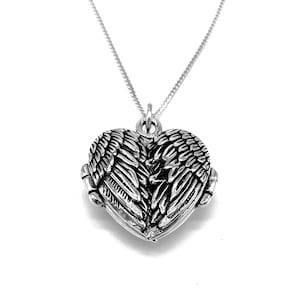 925 Sterling Silver Angel Wings HEART Photo Locket Necklace on Silver Curb Chain