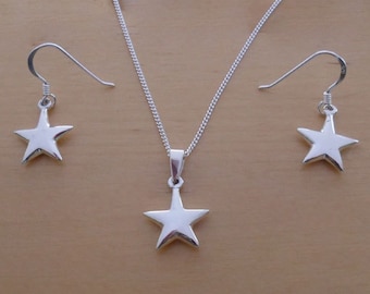 STAR Drop Dangle Earrings and Pendant Set 925 Sterling Silver on 16, 18 or 20" Sterling Silver Curb Chain