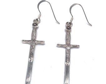 925 Sterling Silver Medieval Gothic Long Sword Drop Dangle Earrings